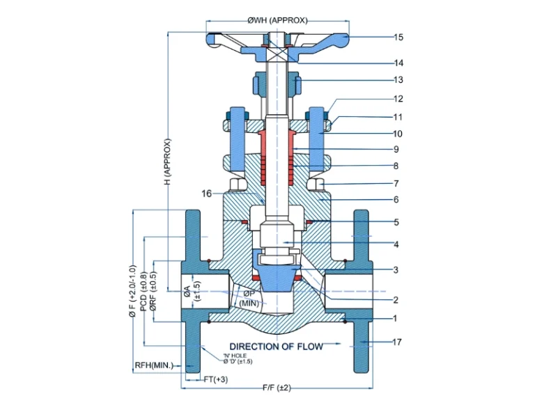 Flanged forged globe valve GA drawing showing face to face dimensions and rising stem handwheel operation