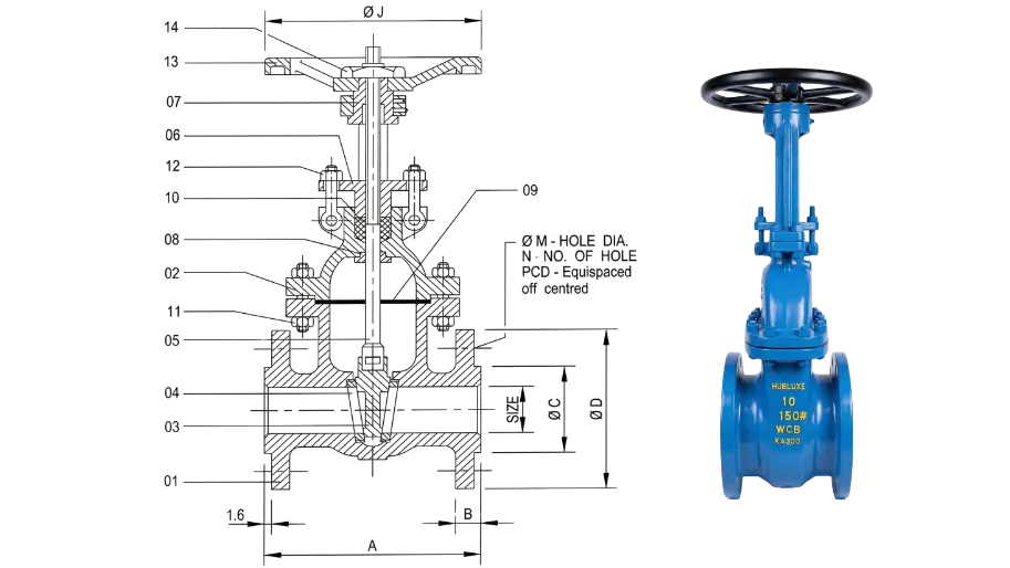 Gate valve cross-sectional general assembly drawing with flange dimensions (PCD) alongside a photo of a Hubluxe cast steel WCB 150# gate valve showing body markings