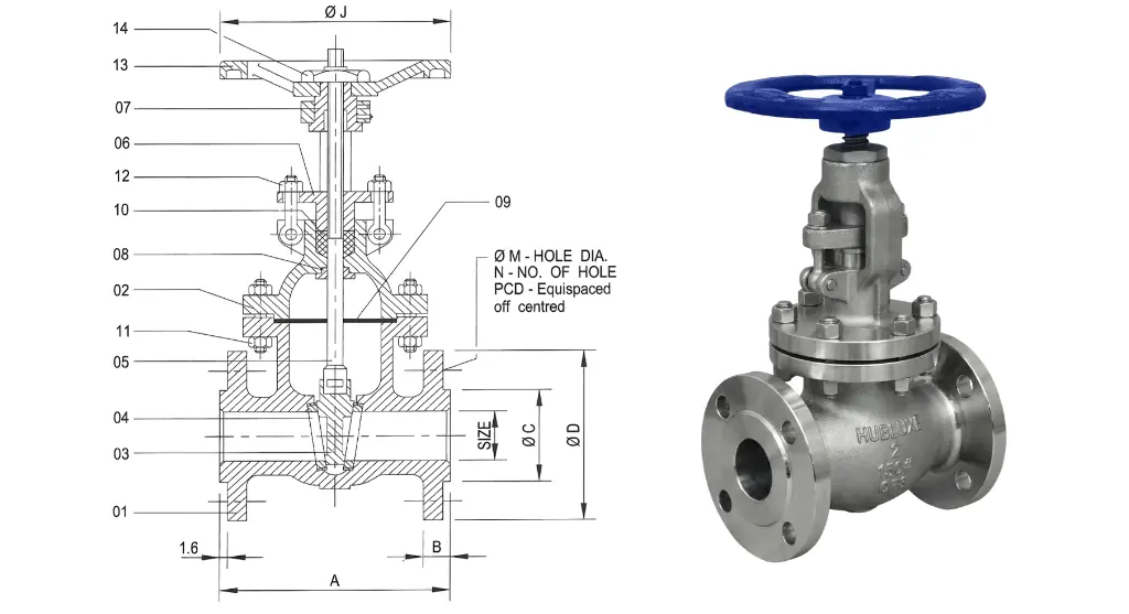 General assembly drawing of globe valve Hubluxe make showing internal disc and seat dimensions