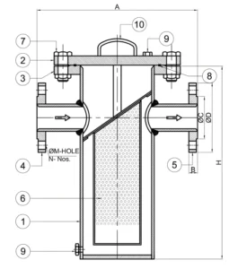 Simplex basket strainer GA drawing showing large filtration area basket and top removal cover for easy maintenance