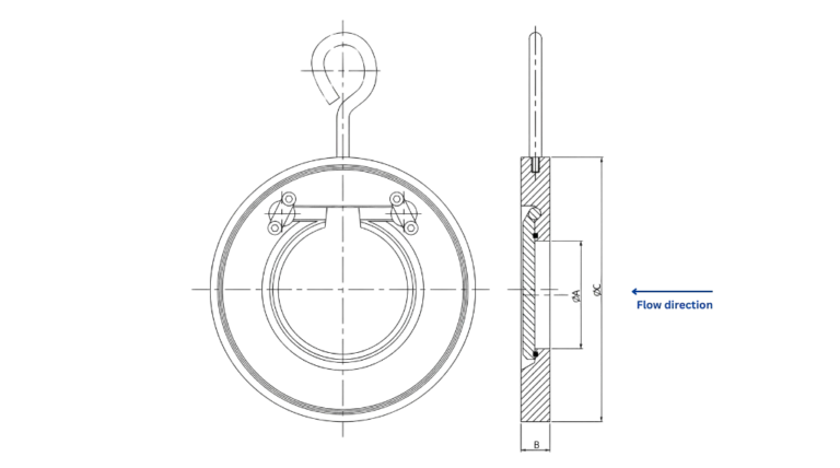 Single plate wafer check valve GA drawing showing compact face to face dimension B and lifting hook for easy installation between flanges