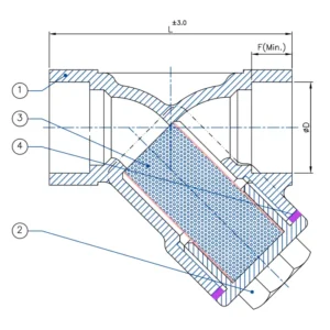 Threaded Y strainer cross section drawing showing forged body and screwed cap design for high pressure lines