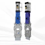 Through conduit knife gate valve bi-directional design Hubluxe make with pneumatic cylinder showing extended gate for clog free operation