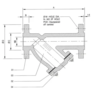 Y type strainer flanged GA drawing showing internal screen element and bolted cover construction for maintenance
